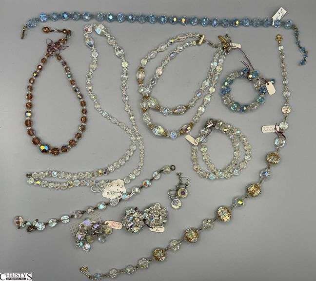 Costume Crystal Multi Strand Necklaces, Jewelry Sets, Blues, Clip On Earring Cluster image