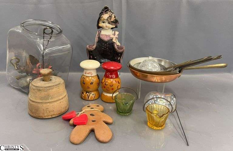 Planters Glass Jar (No Lid), Wooden Salt and Pepper, Small Copper Skillets, Misc Primitive Style Piece - 5.5" x 9" of jar image