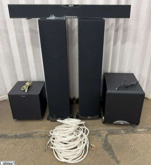 5 Piece Klipsch Speaker System with 2 Towers, 1 -12" Sub, 1 HD Theater SB 3 Center Sub, 1 HD Theater SB3 Soundbar No Power Cord image