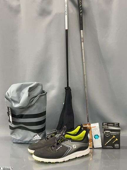 Gold Clubs, Ping Putter, Taylor Made 3 Wood and Adidas Golf Accessories Bag, Shoes Size 12 Mens image