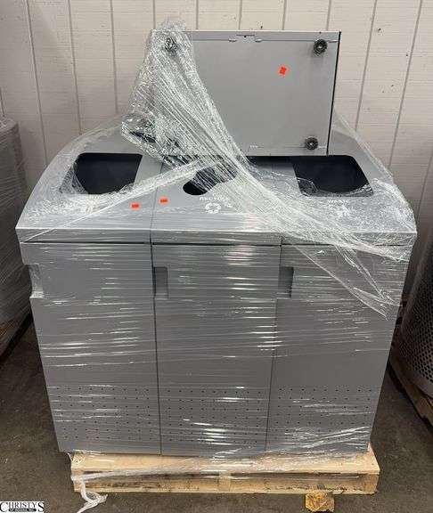 8 Metal Recycle Bins On Wooden Skid, Each 13x20x36" image