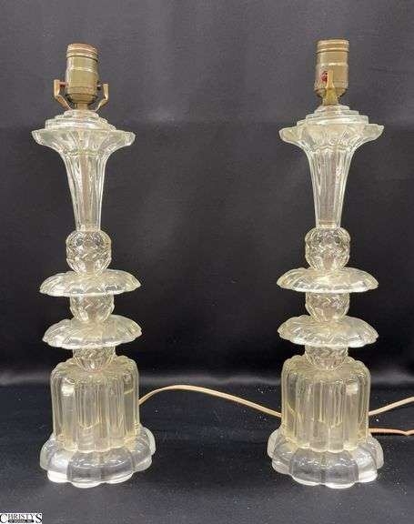 Pair Early Pressed Glass Table Lamps - 18" to top of socket - some wear to cord image