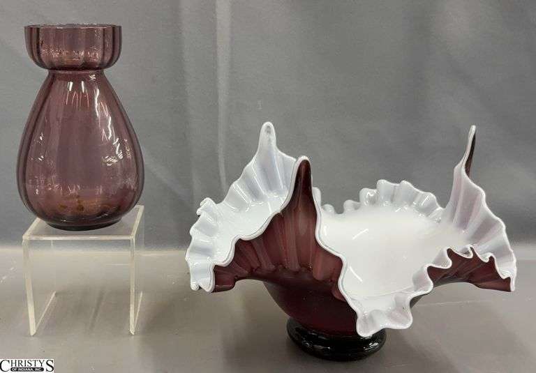 Purple & White Cased Ruffled Art Glass Bowl and Purple Glass Vase - 9" x 7" of bowl image