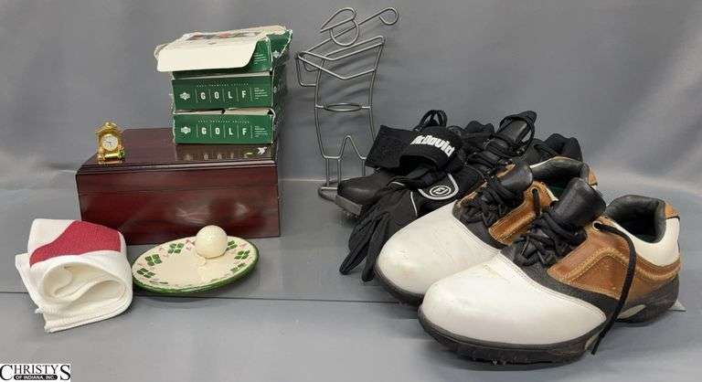 Men's Golf Shoes, Golf Balls, Humidor, Misc - 10" x 9" of humidor, size 9.5 shoes image