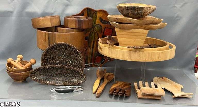 Wooden Serving Utensils, Bowls, Trays, Misc - 16" D of largest image