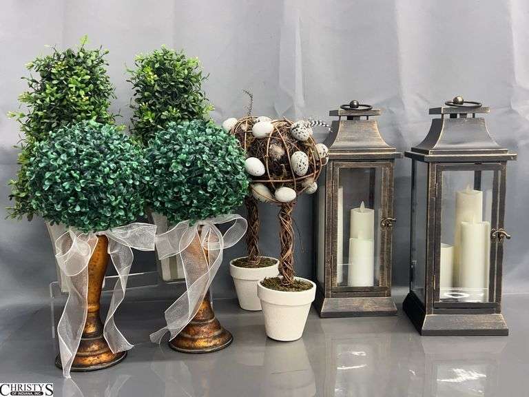 2 Decorative Lanterns, Battery Candles, Artificial Topiaries - 15" of lantern image