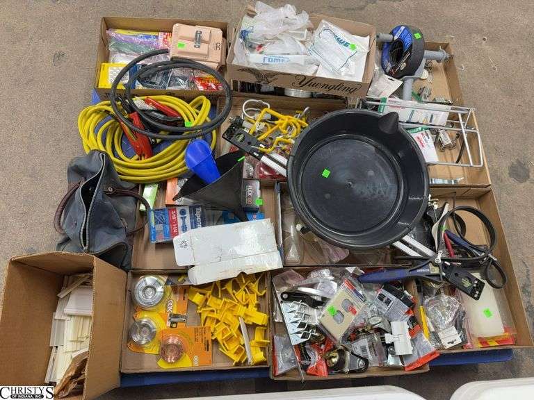 Pallet with Household and Garage Essentials, Oil Pan, Funnel, Screw Mount Hooks, Painting Blocks, Anchors, Picture Hangers, Jumper Cables, Drum Auger, Stanley Plane, Johnson Level, Kobalt Rubber Strap Wrenches, Zip Ties SKID NOT INCLUDED image