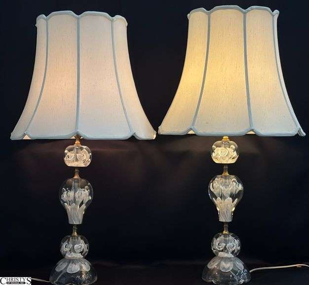 Pair Zimmerman Paperweight Style Art Glass Table Lamps - 34" to top of finial of each - one has small chip image