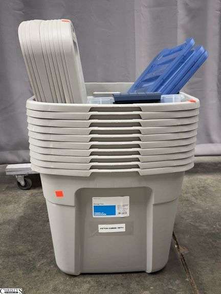 Stack of Totes, 10 Grey 18Gal With Lids, 4 Stack and Pull 13qt With lids image