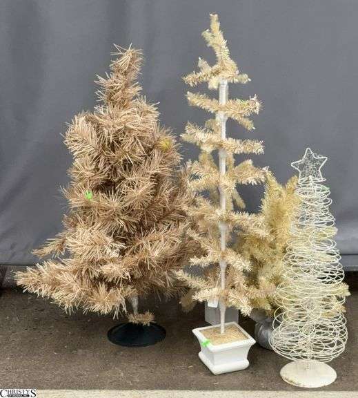 5 Cream Tone Artificial and Metal Christmas Trees - 36" of tallest, some wear image