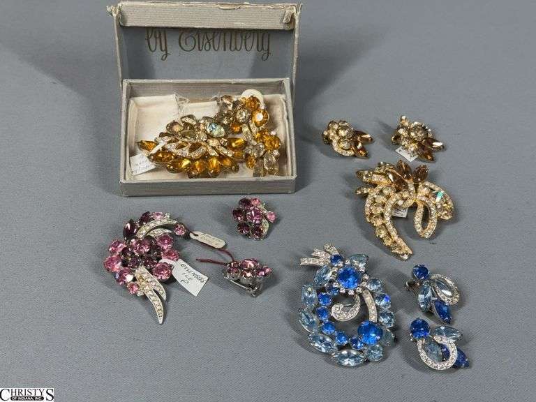4 Eisenberg Ice Pin and Earrings Sets.  One set includes an Eisenberg Box. image
