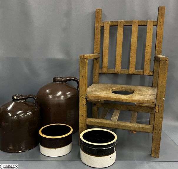 Primitive Potty Chair, 2 Brown Handled Crock Jugs, 2 Small Brown & Cream Crocks - 14" x 26" of chair image