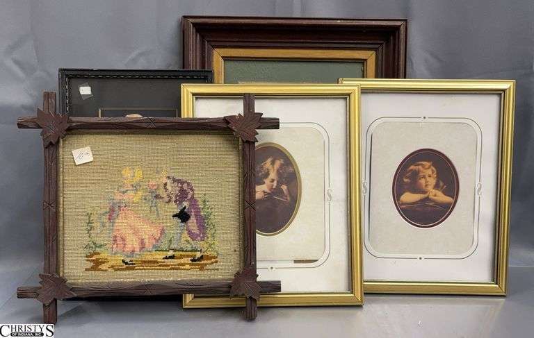 5 Framed Needlepoint and Portrait Prints - 17" x 20" of largest image