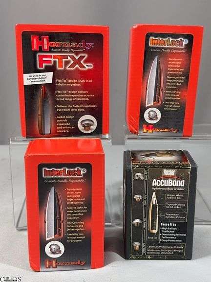 35 Caliber Bullets- 1 Box of 50 Nosler AccuBond 35 cal. 200 Grain, 1 Box of 100 Hornady Interlock 35 cal., 180 GR, Partial Box of Hornady FTX 35 cal. 200 GR and a Partial Box of Hornady Interlock 35 cal. 180 GR.  2 Boxes are Unopened. image