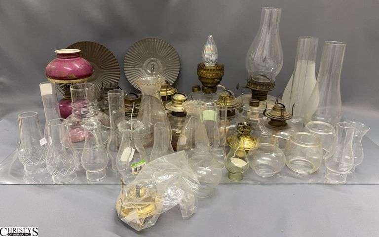 Assorted Oil Lamp Bases and Chimneys - 13" of tallest image