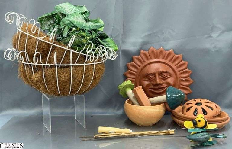 Terracotta Sun Plaque, Wire Planters, Garden Decor - 18" x 8" of planter image