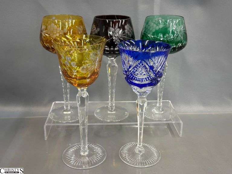 5 Bohemian Cut Crystal Wine Hock Stems - 8" of tallest image