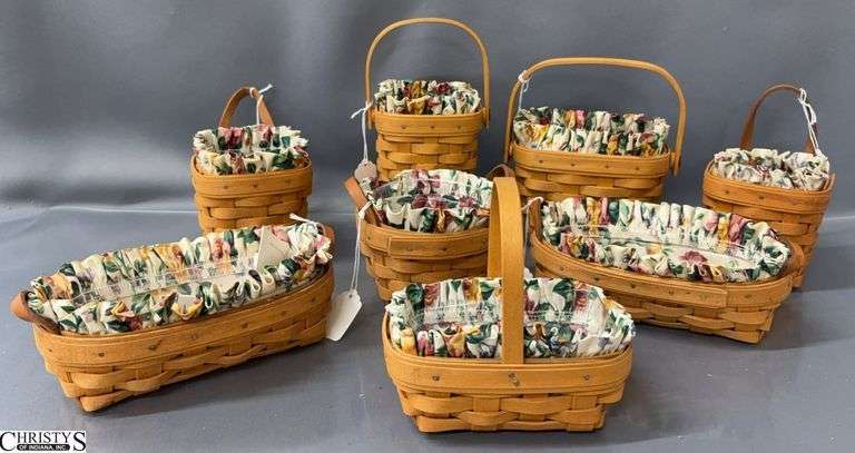 8 Small Longaberger Baskets with Coordinated Liners - 8" x 3" of largest image