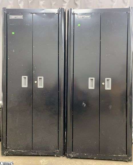 2 Craftsman 2 Door Black Metal Cabinets, One Is locked No Key Present, Seems Empty Has Damage Overall Measure 29x18x66" image