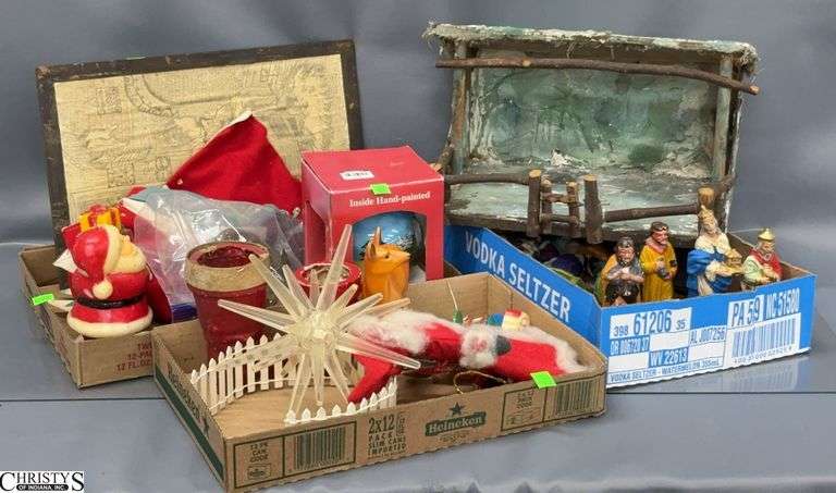 Vintage Christmas Decor - Nativity Scene, Card Holder, Candy Boots, Misc - Some wear throughout - 13" x 8" of creche image