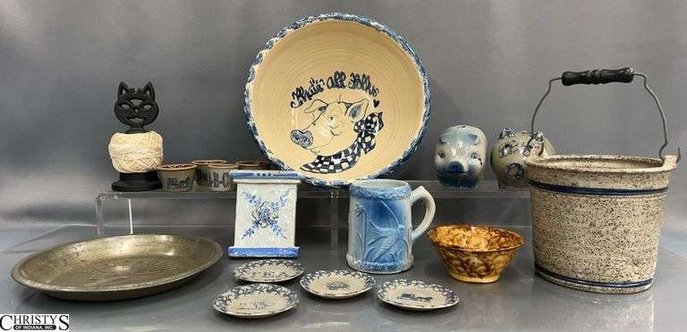 Crock Popcorn Bowl, Cast Iron Thread Holder, Pottery Piggy Banks, Bluebird Pie Pan - 10" x 5" of bowl image
