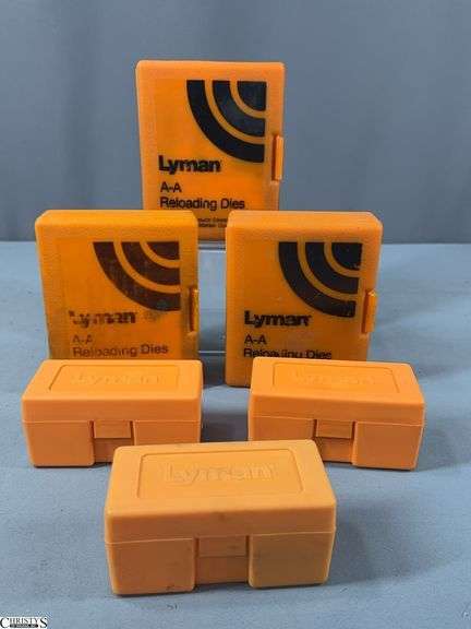 3 Lyman A-A Reloading Dies Sets- 44 Spl/Mag, 375 H&H Mag and 41 L Colt in Orange Plastic Containers.  Also included is an Orange Lyman Container Marked .308 Win Neck Size Die and 2 Empty Orange Lyman Containers image