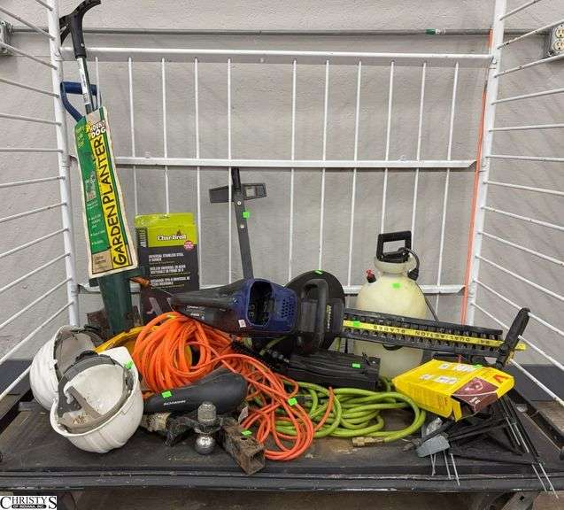 Hard Hats, Sprayer, Battery Trimmer, Hound Dog Bulb Planter, Compressor Hoses, Misc - CART NOT INCLUDED image