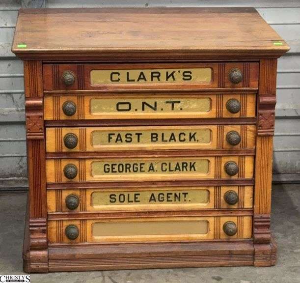 Antique Clark's O. N. T. Our New Thread Spool Cabinet - 26" x 20" x 23" - wear is consistent with age image
