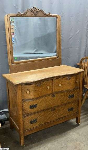 Antique 4 Drawer Chest W/ Mirror, Has Refinished Bow And Loose Top, 40x19.5x34", Mirror 33x32" image