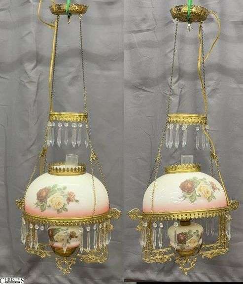 Pair Rose Motif Shade Ornate Victorian Brass Oil Lamp Style Hanging Light Fixtures - 18" x 42" of largest, as hanging - missing prisms image