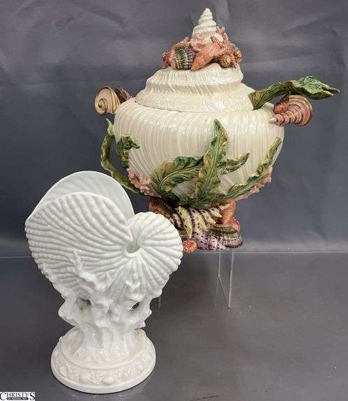 Fitz & Floyd Seashell Motif Tureen and Andrea by Sadek Seashell Vase - 12" x 13" of tureen image