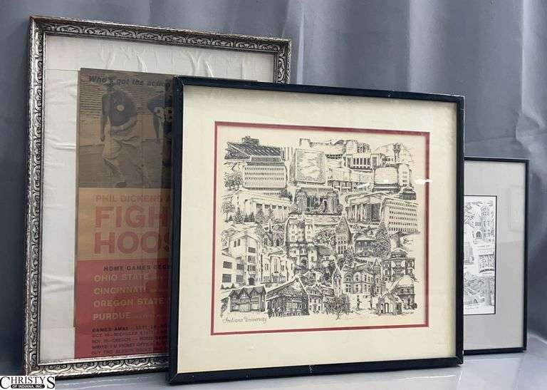 1960's IU Hoosier Football Poster, 2 Indiana University Landmark Prints - 21" x 19" of largest image