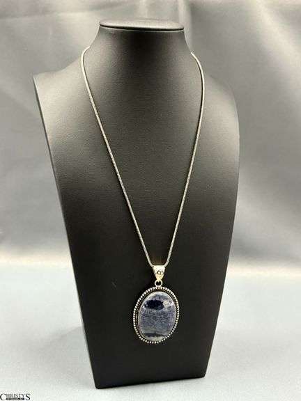 Sodalite Pendant Necklace with Chain.  Tag Marked German Silver image
