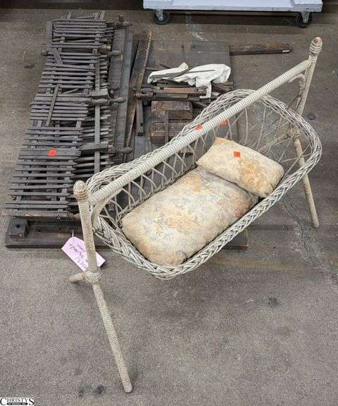 Antique Christmas Tree Stand With Fencing Surround and Baby Doll Bassinet, Some Parts Could Be Missing Due to Wear and Age image