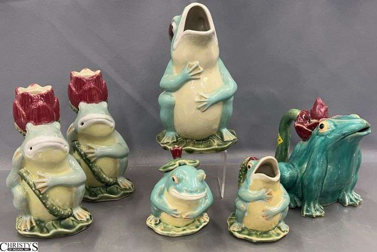 6 Celadon Tone Ceramic Frog Decor Pieces - 9" of tallest image