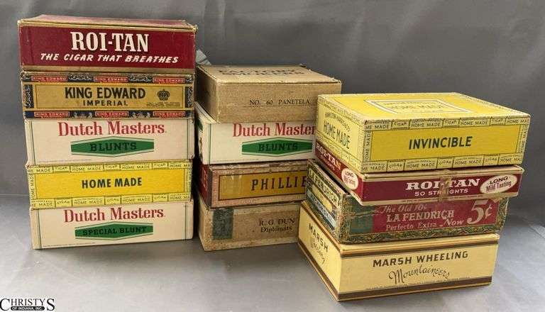 13 Assorted Cigar Boxes - 9" x 6" of largest - some wear, loose seams image