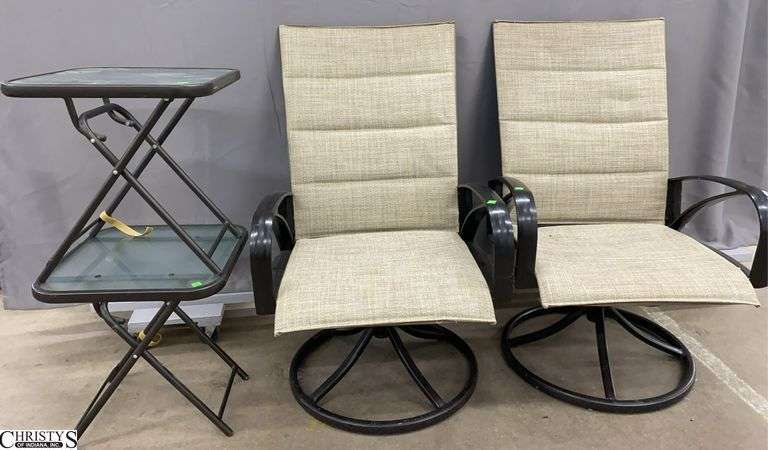 Pair of Swivel Patio Chairs and 2 Folding Drink Tables 25x27x42' image