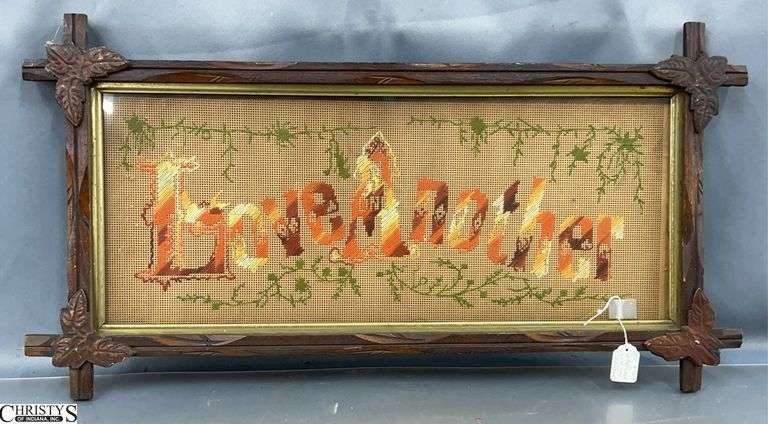 "Love One Another" Framed Antique Paper Punch Embroidery in Adirondack Frame -  26" x 14" image