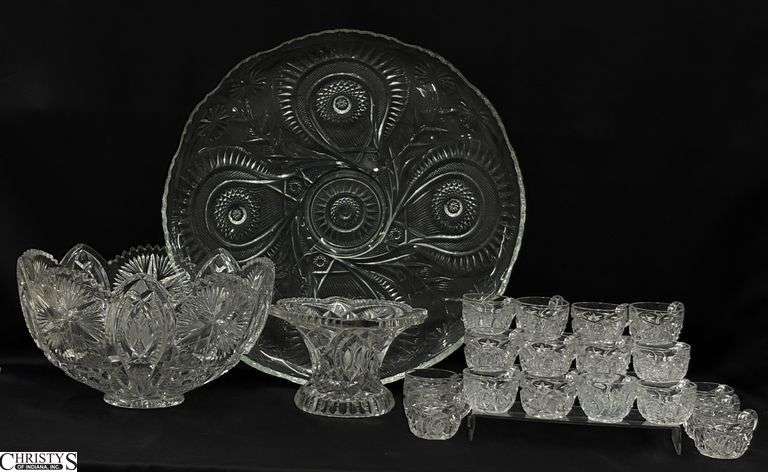 L. E. Smith Pinwheel & Stars Punch Bowl/Stand, Plate, and Cups - 22" of plate - approx 21 pcs image