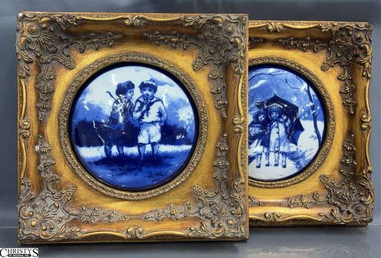 Pair Ornate Framed Royal Doulton Burslam Blue Children Series Porcelain Plaques - 12" x 12" of each image