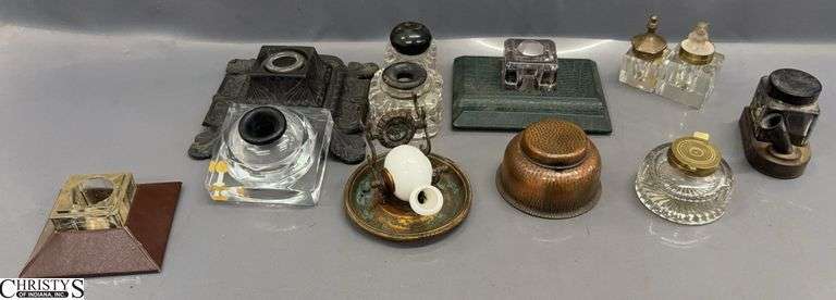 Assorted Antique and Vintage Desk Inkwells and Jars - 12pcs - 6" x 6" of largest - some missing lids image