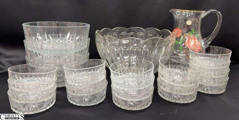 Glass Serving Bowls, Berry Bowls, Punch Bowl, Decorated Pitcher - 11" T of pitcher image