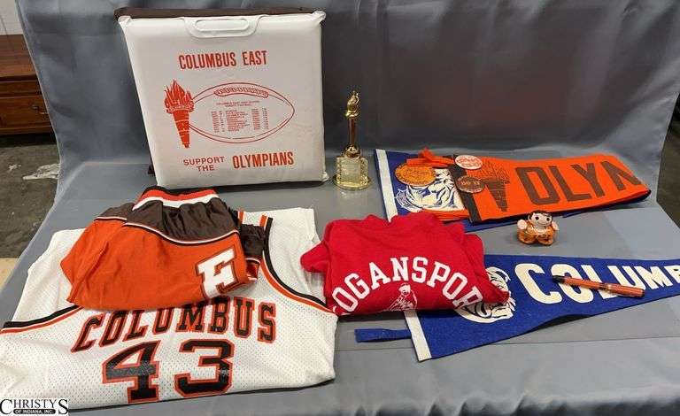 Assorted Columbus Indiana Sports Pennants, Uniform, Seat Cushion - 28" of largest pennant image