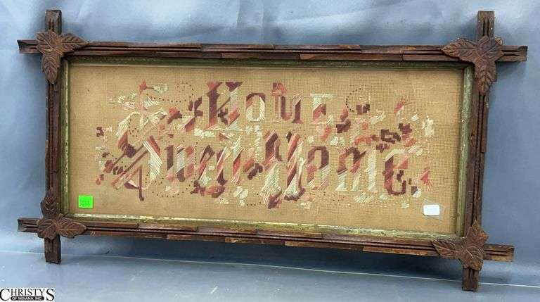 "Home Sweet Home" Framed Antique Paper Punch Embroidery in Adirondack Frame - 26" x 13" image