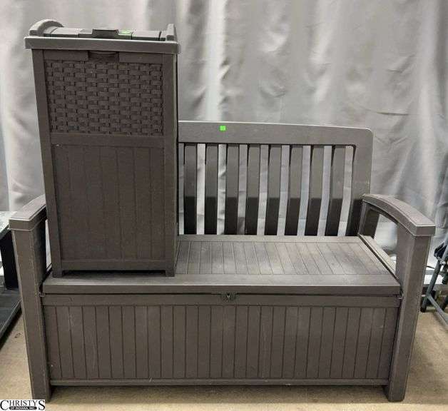 Brown Suncast Snap Closure Trash Can, and Storage Bench 52x21x35" To Back image