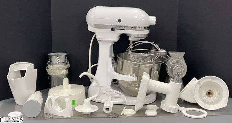 Kitchen Aid White Counter Top System, Model K5SS, Grinder, Juicer, Pasta, Splash Guard, Mixer Attachments, and More See Photos, One Piece Has Cracks image