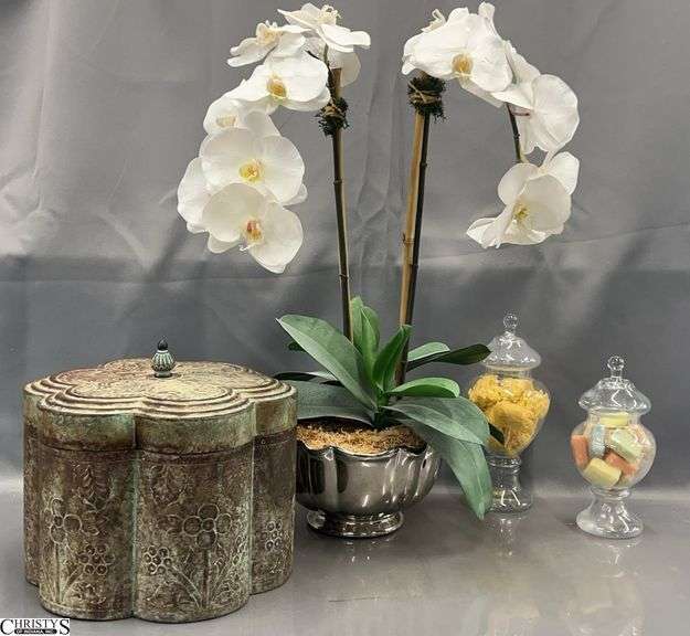 Artificial Orchid Plant, 2 Small Glass Apothecary Jars, Decorative Stamped Metal Box - 25" of tallest image