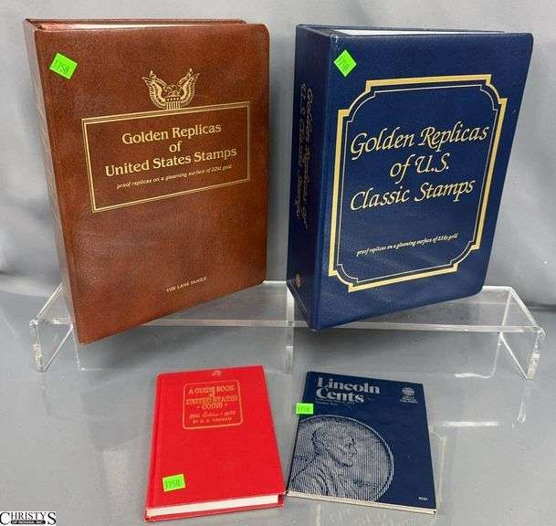 Golden Replicas of US Classic Stamps, Two Large Binders, Guide Book, Lincoln Cent Books image