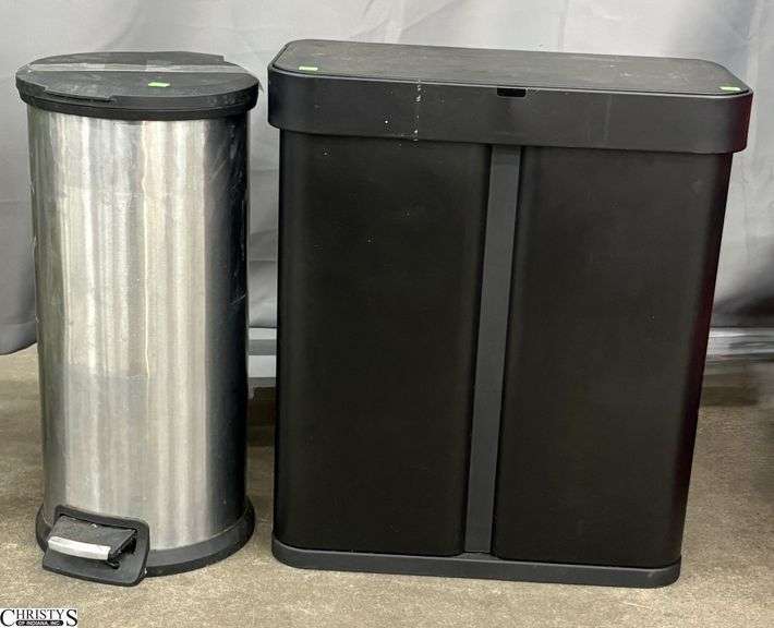 Simplehuman Automatic Dual Compartment Step Trash Can and Stainless Steel Trash Can - 22" x 12" x 25" of largest - some scuffing, needs batteries image