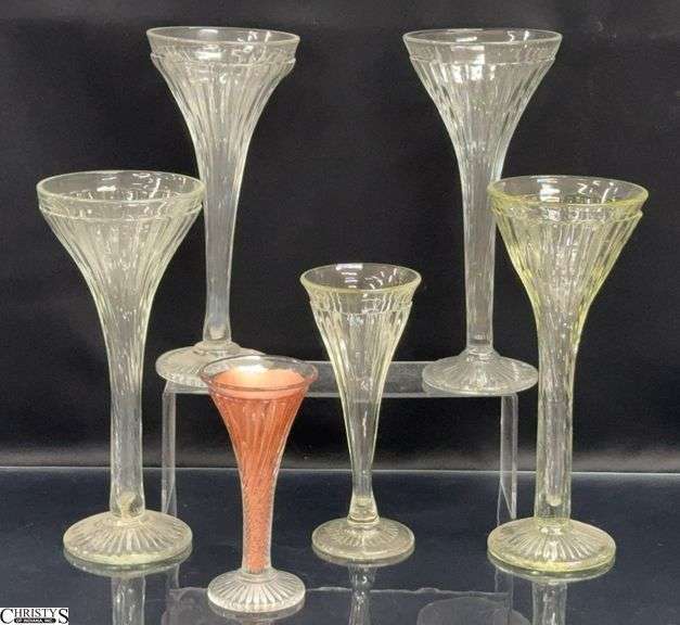 6 New Martinsville Glass Trumpet Vases - 12" of tallest image